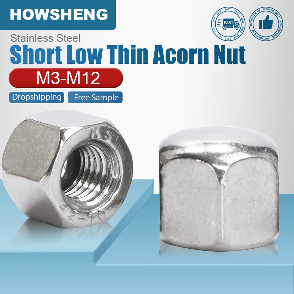 Howsheng 1-10ks Hex Hex Short Low Thin Cap Acorn Nut M4 M4 M6 M8 M10 M12 Nerezová hexagónová krycia šesťhranná orechová slepá orech
