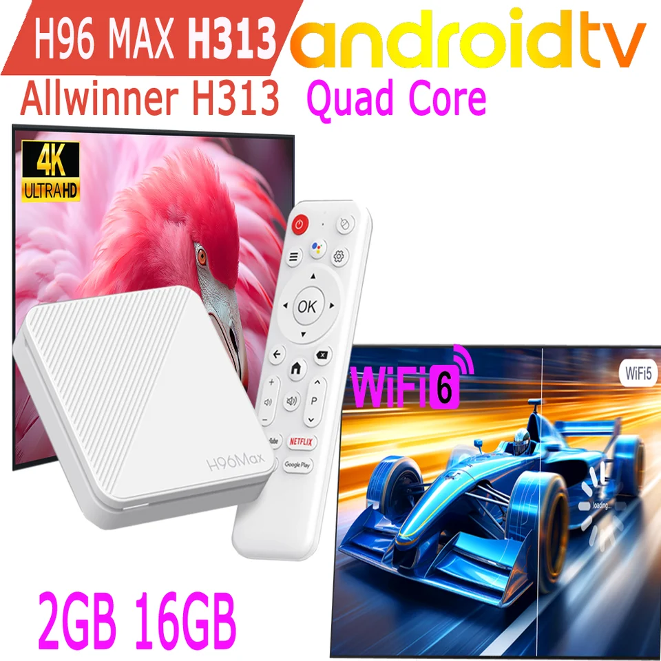 Hoxkee TV Stick Android TV H96 Max H313 Allwinner Quad Core 4K HDR 100M LAN WiFi6 WiFi 2.4G médium prehrávač hier Smart TV Box