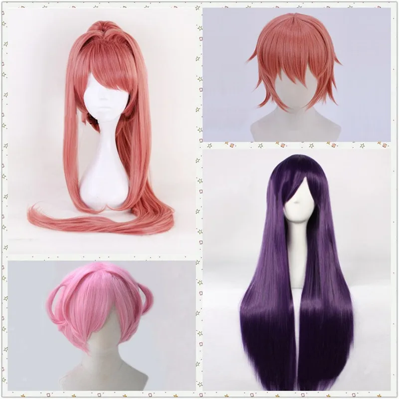 Hra Anime DDLC Natsuki Pink Wig Monika 100 cm dlhý cosplay Sayori oranžové vlasy yuri 80 cm Purpurové parochne + bezplatná čiapka parochne