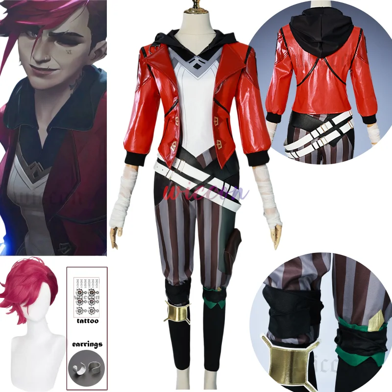 Hra lol Arcane VI cosplay kostým kostým Piltover Enforcer Outfit VI Uniforma červená parochňa oblek Halloween karnevalová rola hre