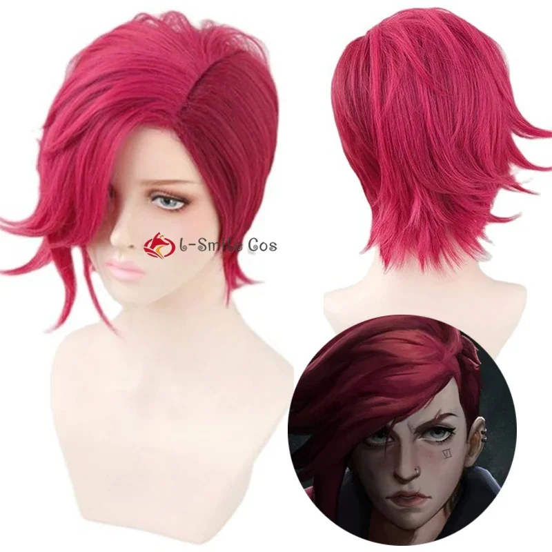 Hra lol Arcane VI cosplay parochňa VI hlboká ruža 30 cm krátka tepelná syntetická vlasová rola Play Parochne + bezplatná parochňa čiapka