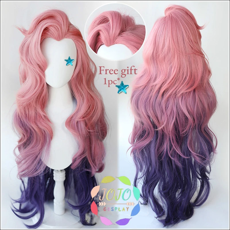 Hra lol seraphine Pink fialový gradient zvlnený dlhý cosplay tepelne odolný voči syntetickým vlasom karneval Halloween Party + parochňová čiapka zadarmo