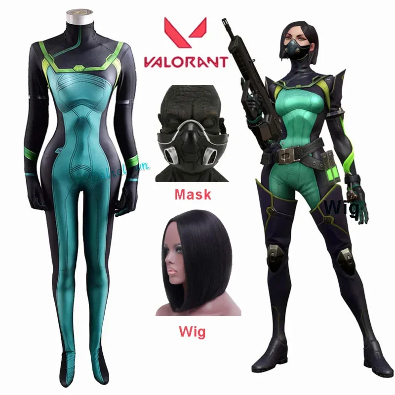 Hra Valerant Cosplay Viper Viper BodySuit Ženy dievčatá Snake Sabine Assasin Halloween Kostým parochňu na parochňu Mask Mask Suit M17