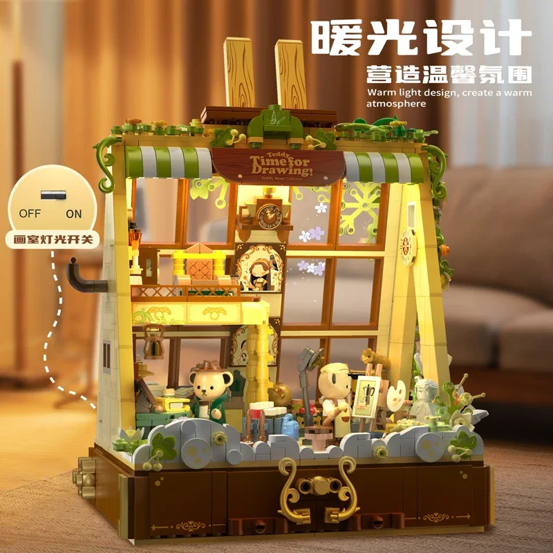 Hračka na stavebné bloky Easel House s LED City Kumamoto Bear Painting Boxes Teddy Bricks DIY Puzzle Hračky Zhromaždenie pre deti darčeky