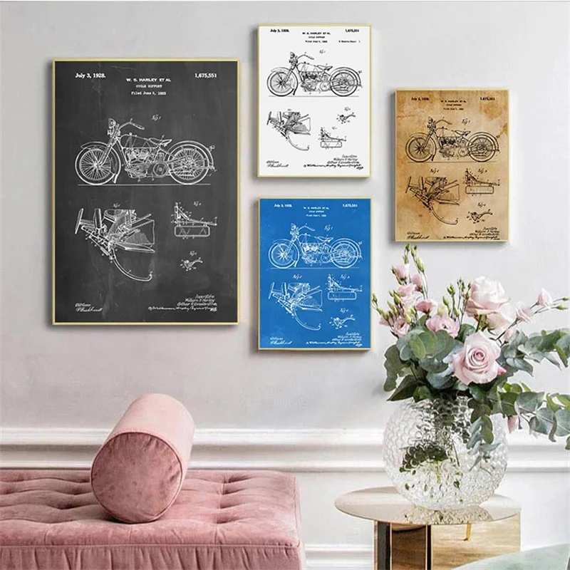 Hračky na budovanie blokov motocykla Patent tlače nástenné umenia plagáty detská izba dekor Vintage plátno maľba Obrázok hra darček