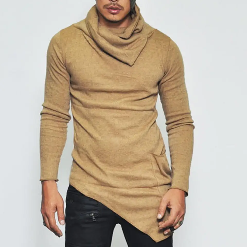 Hromada goliera šikmé hem muži košeľa s dlhým rukávom nepravidelný rukáv s dlhým rukávom Top Cast Cast vreckovky Tričko Streetwear Spring Hoodies