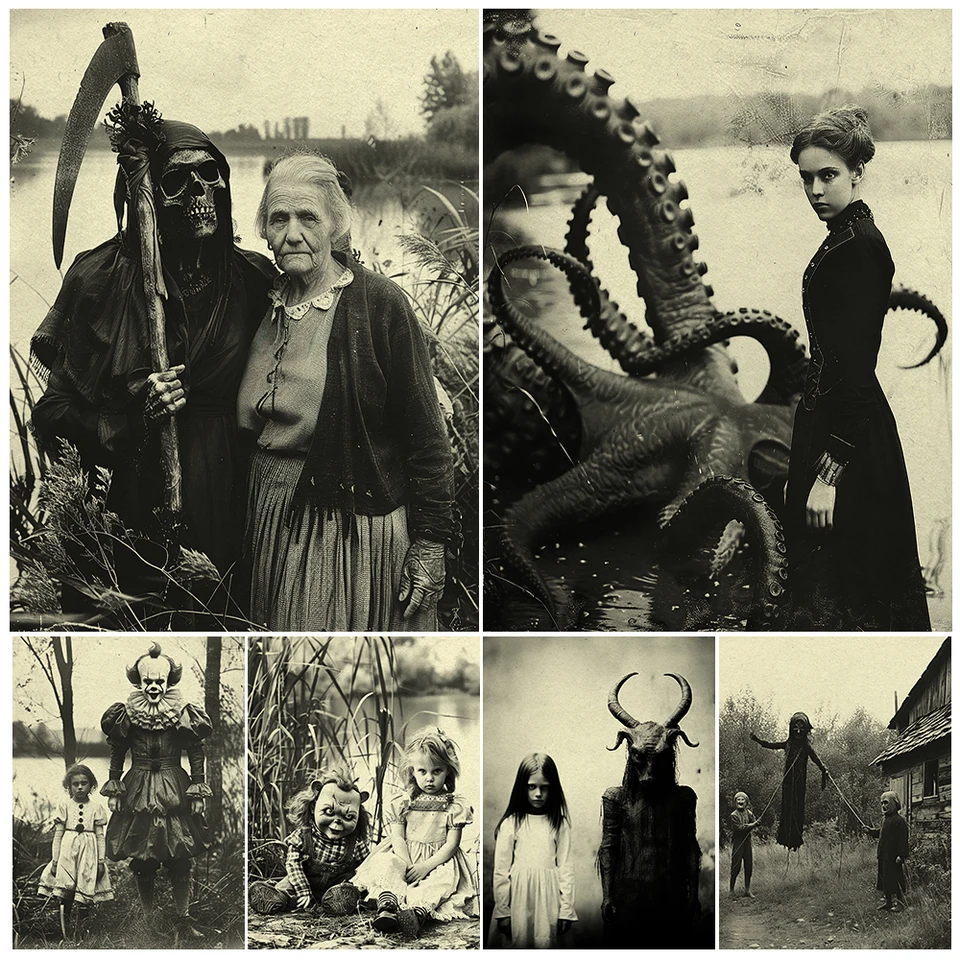 Hrozné starožitné staré fotografie vintage nástenné umenia maľba, smrť, čarodejnica, klaun, démon, pohanská fotografia