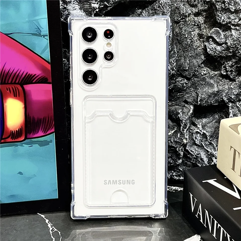 Hrubá nárazová odolná vrecká na kartu s kartami čistá puzdro pre telefón Samsung S24 Ultra S21 S22 S23 Fe S 24 Plus 5G Mäkké rohy krycí obaly
