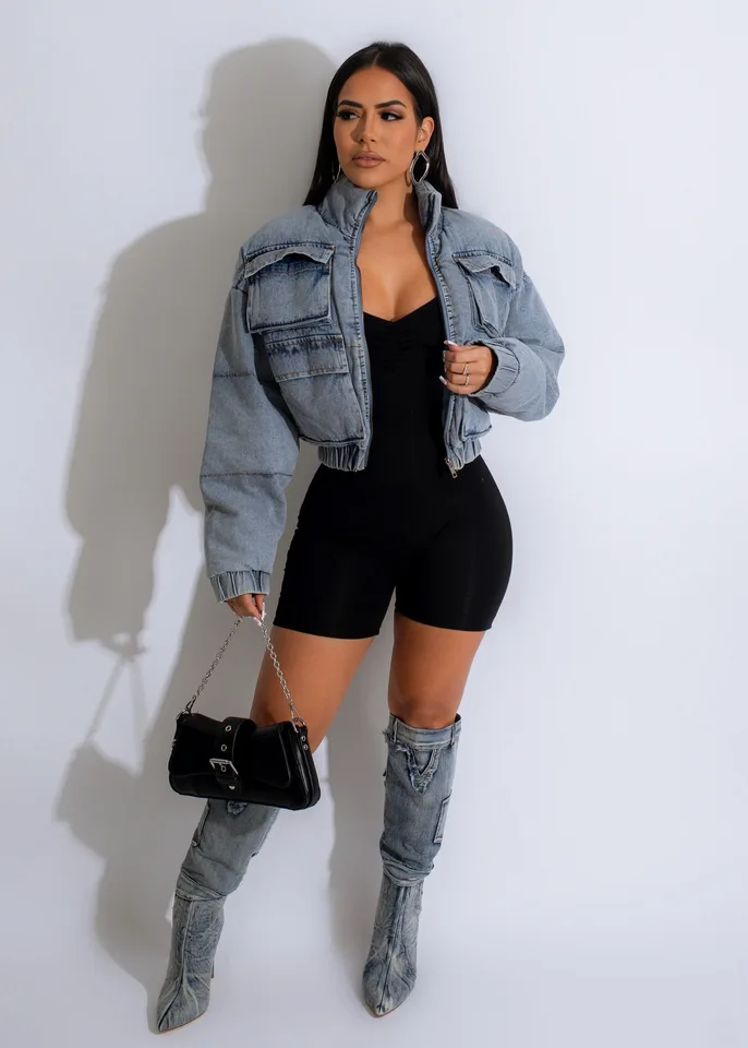 Hrubé džínsy Bubble bunda sexy ženy otáčajte golier elegantné džínsové džínsové zimné pufer teplý čalúnený vonkajší odev