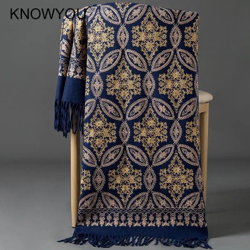 Hrubé teplé kašmíru Pashmina Nové zimné zlaté vyšívané zábaly Ženy Dlhý šál cestovanie reverzibilným šálom Lady Soft Wrap Bufanda