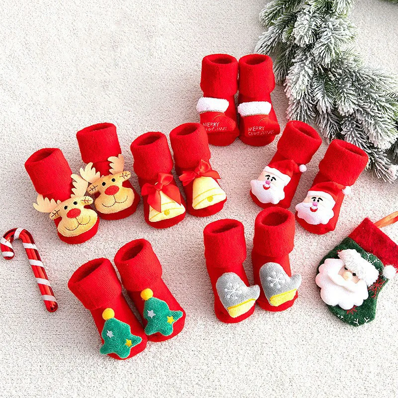 Hrubé teplé zimné dieťa Terry ponožky Dievčatá Dievčatá Kids Novonarodené Vianoce Santa Claus Elk Bell Plippers Roztomilé deti darček anti sklz