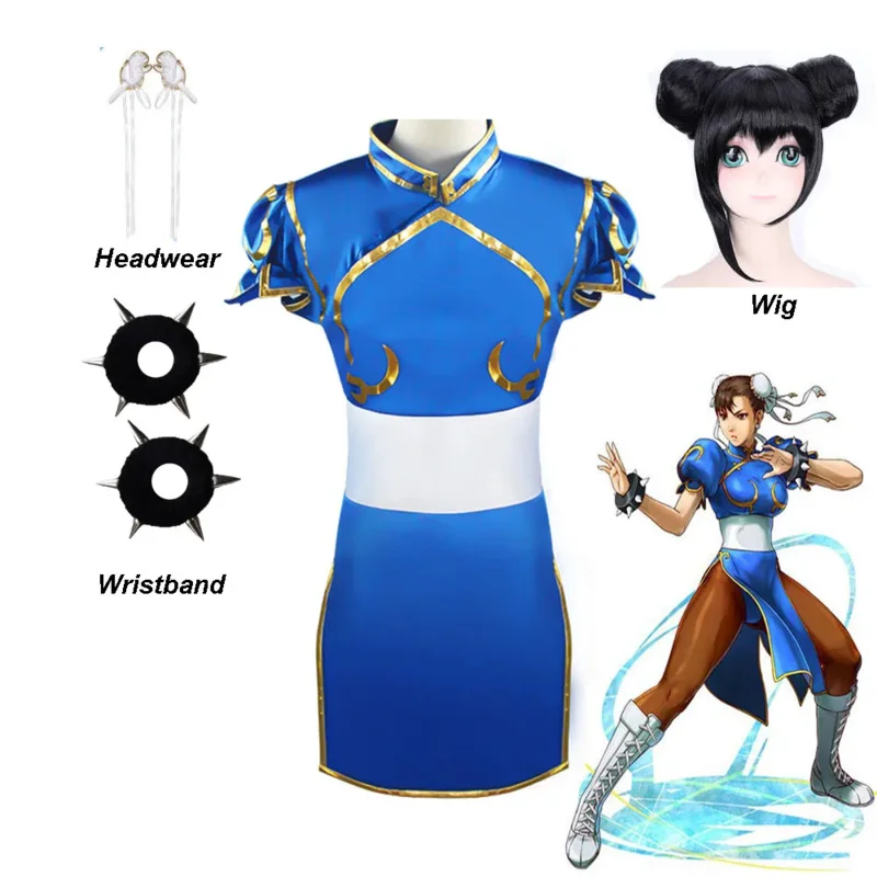 Hry Chun Li Cosplay kostýmy Halloween Party Sutorito faita Blue Cheongsam Dress Belt Head pokrývky s parochňou dievčenské oblečenie GS