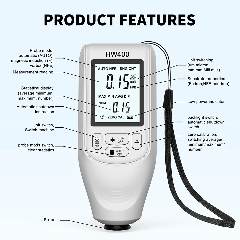 Hrúbka rozchod pre autá Automatickú hrúbku Automatickú hrúbku 0-2000 μm Fe NFE Coating Meter Automotíva hrúbka testera hrúbky