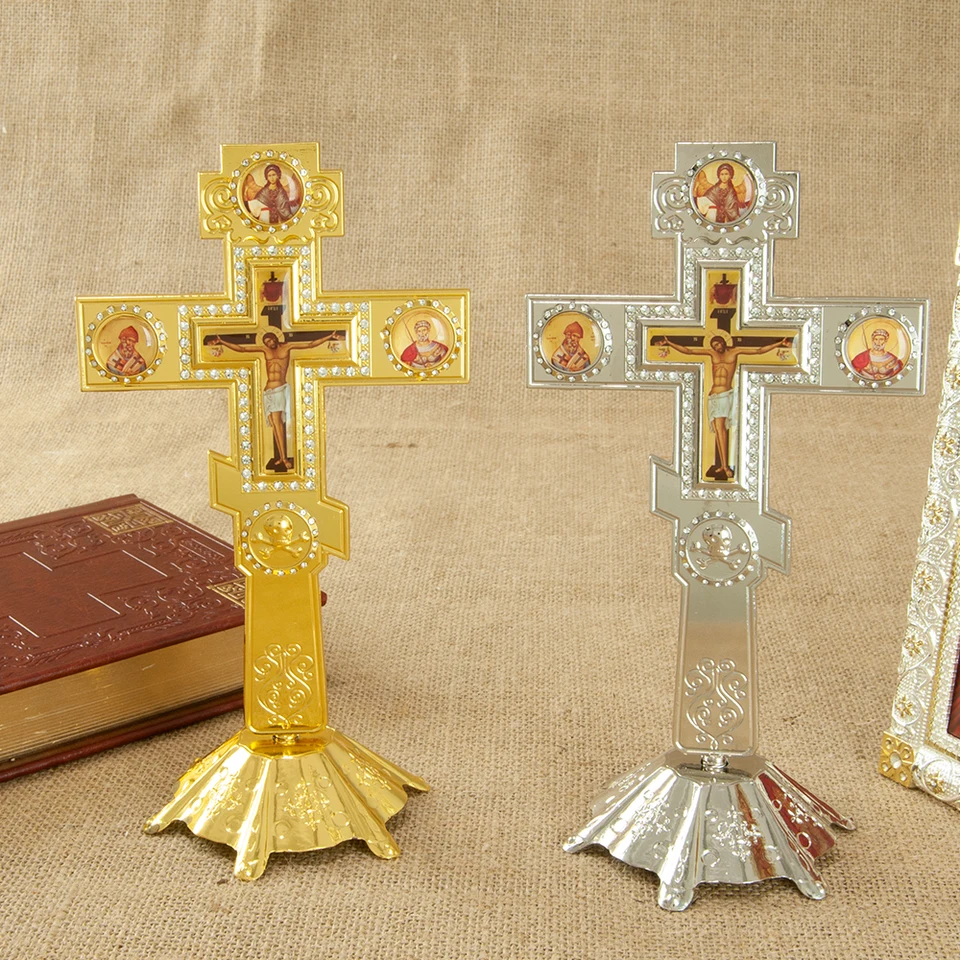 HT ortodoxný kríž požehnania krížom so stojanom pre cirkevnú dekoráciu Zlato Výsadba Zlato Výsadba Ježiša krížový náboženský darček