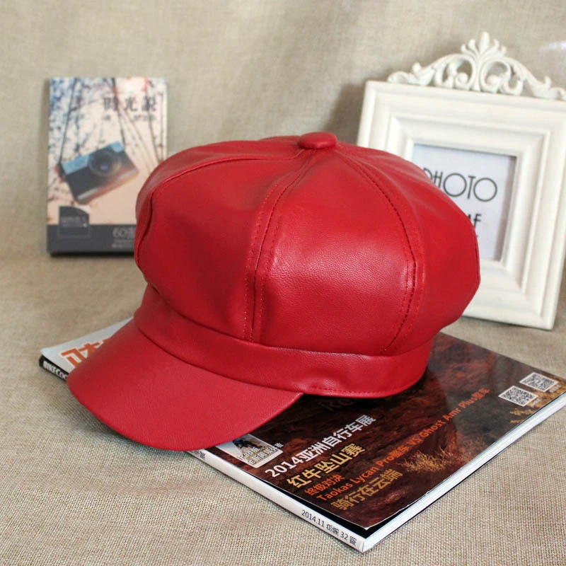 HT1368 obyčajná kožená baret čiapky Men ženy vintage umelci maliar Octagonálne čiapky Slidné jesenné zimné klobúky Čierne červené šedé