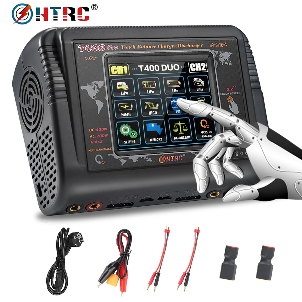 HTRC DC 400W AC 200W Lipo Battery Charger T400 RC nabíjačka pre LIHV Life Li-Lon NICD NIMH PB LiPo Batterni Dual Charger