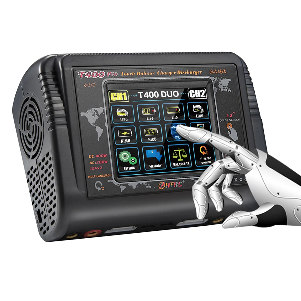 HTRC T400 LiPo Charger Touch DC 400W AC 200W 12AX2 RC nabíjačka pre vyváženie batérie lipo lihv Lilon NICD NIMH PB Vyvažovanie batérie