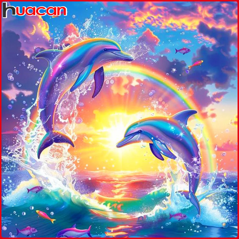 Huacan 2025 Nová zbierka Diamantové maľby Dolphin Sky Diamond Výšivka morského západu slnka Mozaika Art Decoration maľby