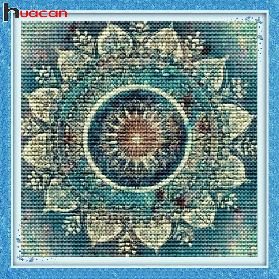 Huacan Cross Stitch Kit Tlačené plátno Mandala Domáce dekorácie ihly a remeslá výšivka 11/14ct Abstraktné kvetinové nástenné umenie
