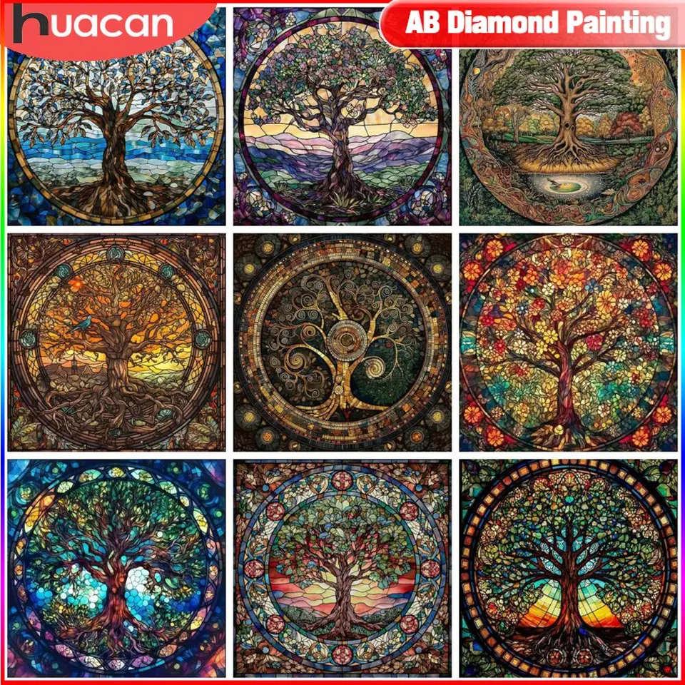 Huacan krajina Diamond Painting Tree Plné štvorcové okrúhle mozaiky Farebné okuliare Dekoratívne maľby Nové prílety