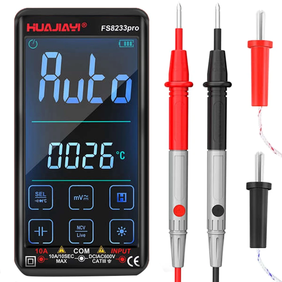 Huajiayi FS8233Pro Touch Screen Smart Digital Multimeter DC/AC 10A Multimetro Tranzistor 9999 počíta True Rmsauto Range Black Black