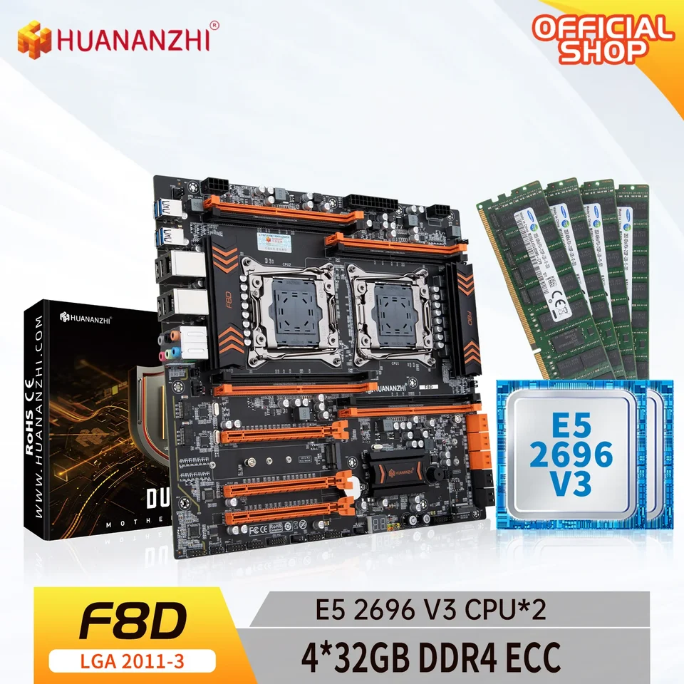 Huananzhi X99 F8D LGA 2011-3 XEON X99 Základná doska s Intel E5 2696 V3*2 so 4*32GB DDR4 RECC Combo Combo Kit NVME SATA RU