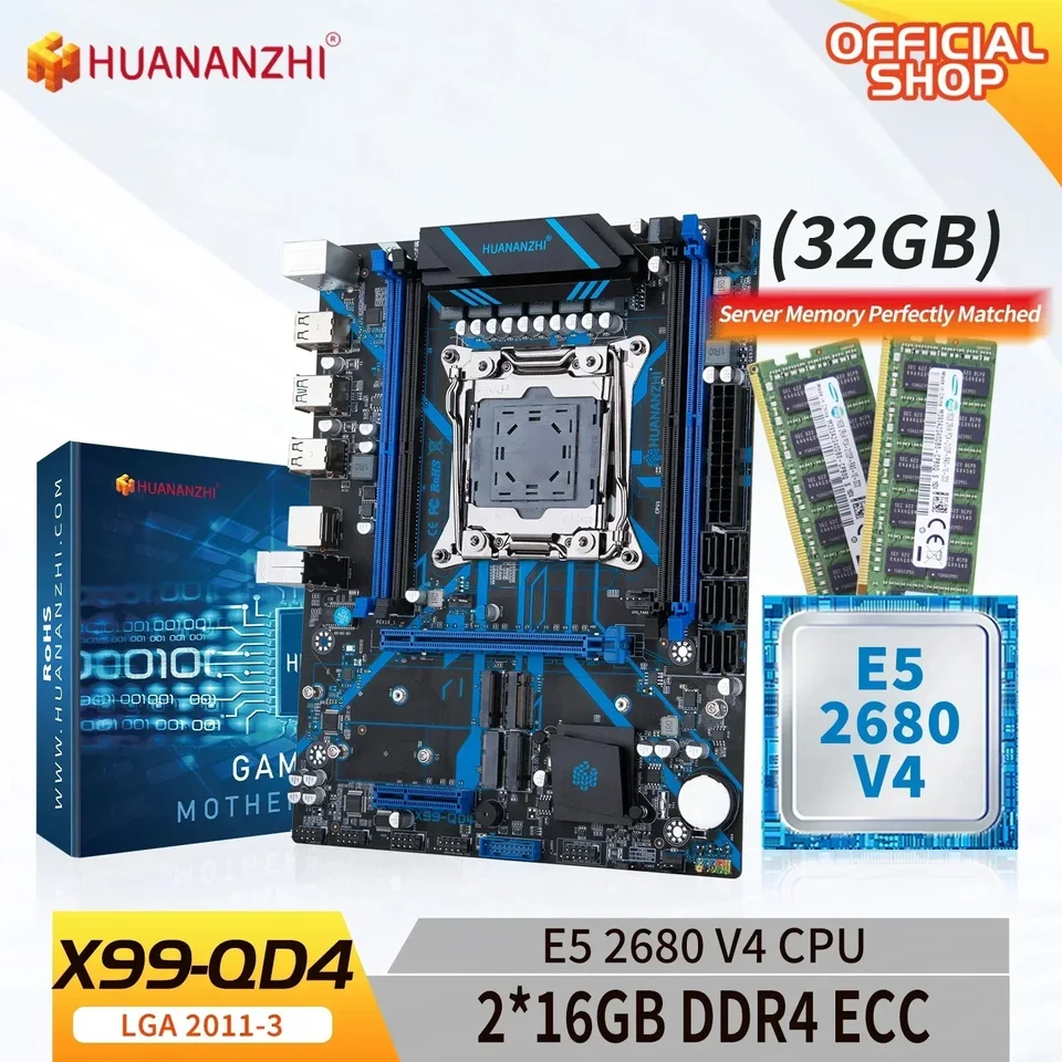 Huananzhi X99 QD4 LGA 2011-3 XEON X99 Základná doska s Intel E5 2680 V4 s 2*16g DDR4 RECC MAMETICKÁ KOMBICKÁ Sada NVME SATA