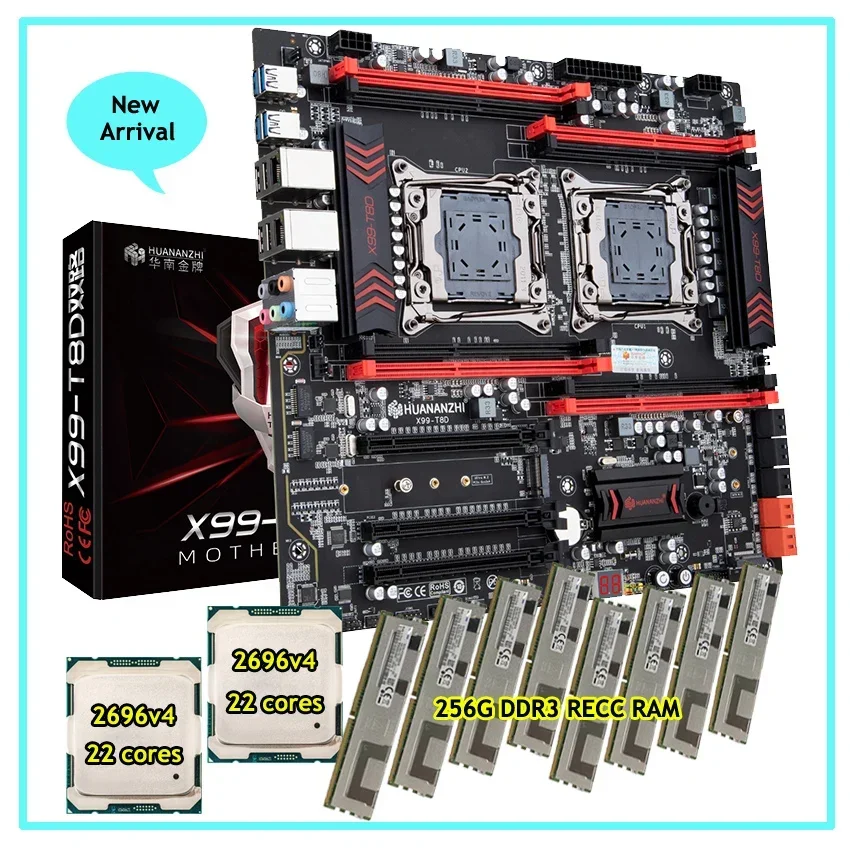 Huananzhi X99-T8D Duálna základná doska CPU s procesormi 2*2696 V4 44 CORES 256G DDR3 RAM RECC Server Workstation Video vykreslenie videa