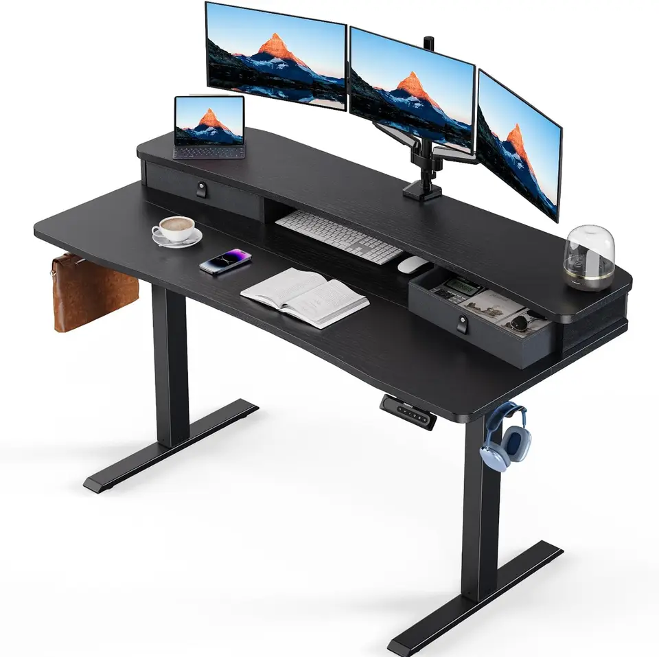 Huanuo 55 ″ x 26 ″ elektrický stolný stôl s 2 zásuvkami, kompatibilnými pri držiaku C, výškovým nastaviteľným počítačovým stolom, domácou kanceláriou