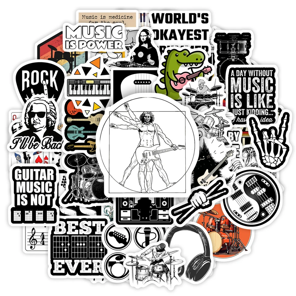 Hudobná skupina Rock Roll Stickers Gitar Bass Drum DIY Detská hračka Gift pre telefóny prenosné fľaše fľaše batožiny dekoratívne vodotesné nálepky