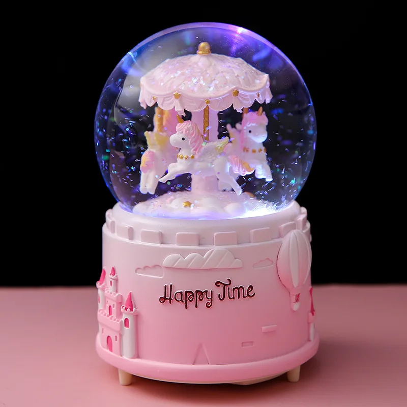 Hudobné skrinky Automatická rotácia unášanej snehovej hudby Farbené svetlá Carousel Crystal Ball Detské darčeky vianočné darčeky