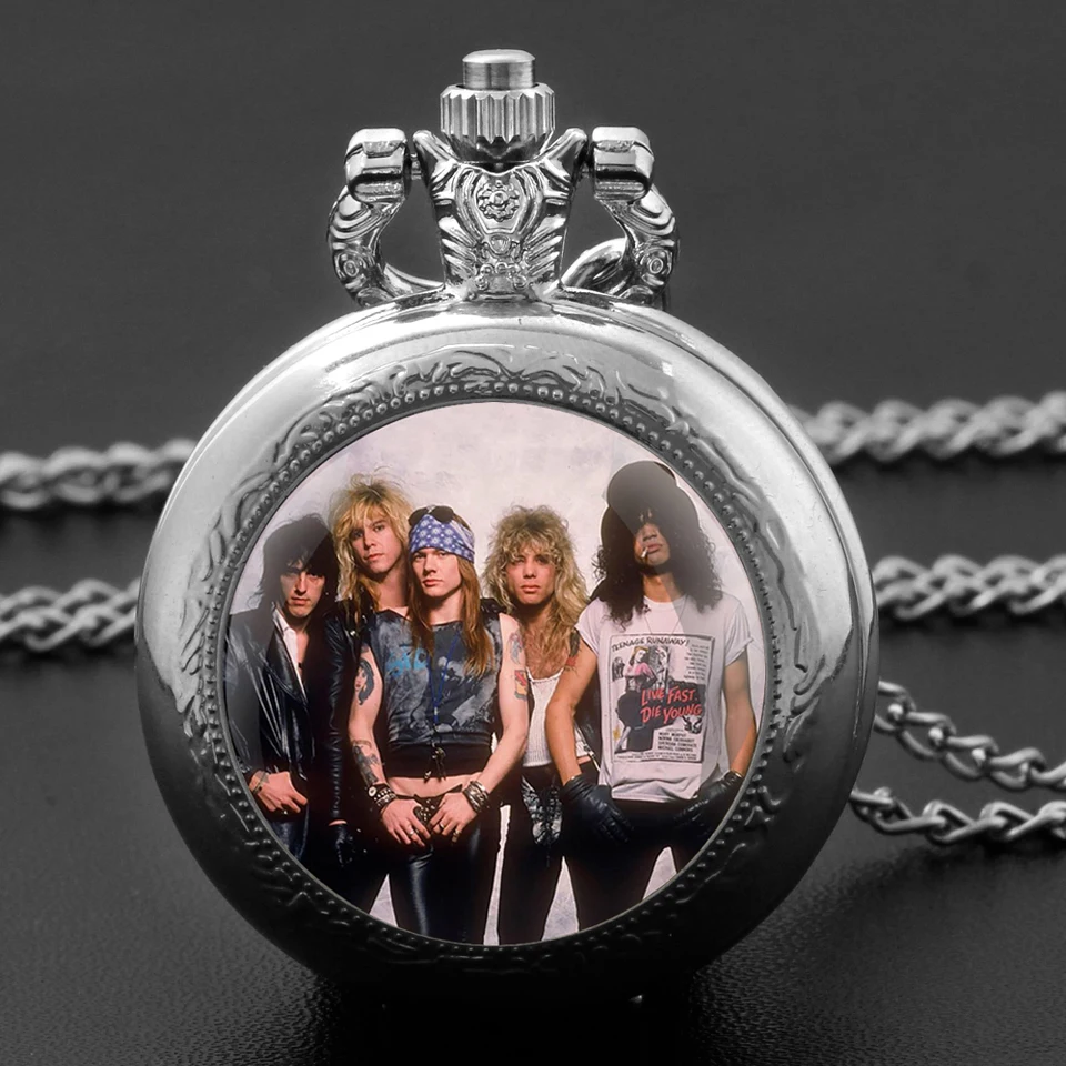 Hudobný banner zbrane n ruže rock sklo kupolové vreckové hodinky s reťazovým náhrdelníkom vintage kremeň prívesok hodinky Pánske dámske darček