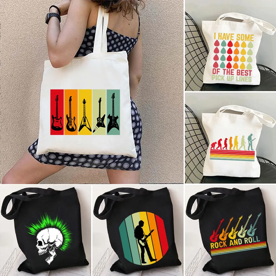 Hudobný darček farebné rockové gitary retro gitarista Abstrakt rock bubeník rock and roll rameno plátno totes tašky nakupujúce kabelky