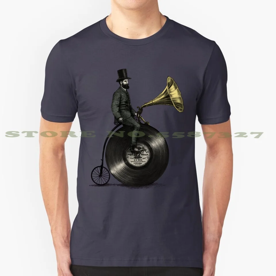 Hudobný muž 100% čisto bavlnená hudba Hudba Vintage viktoriánsky bicykel bicykel bicykel penny farthing vinyl rekord vitrola gramofón