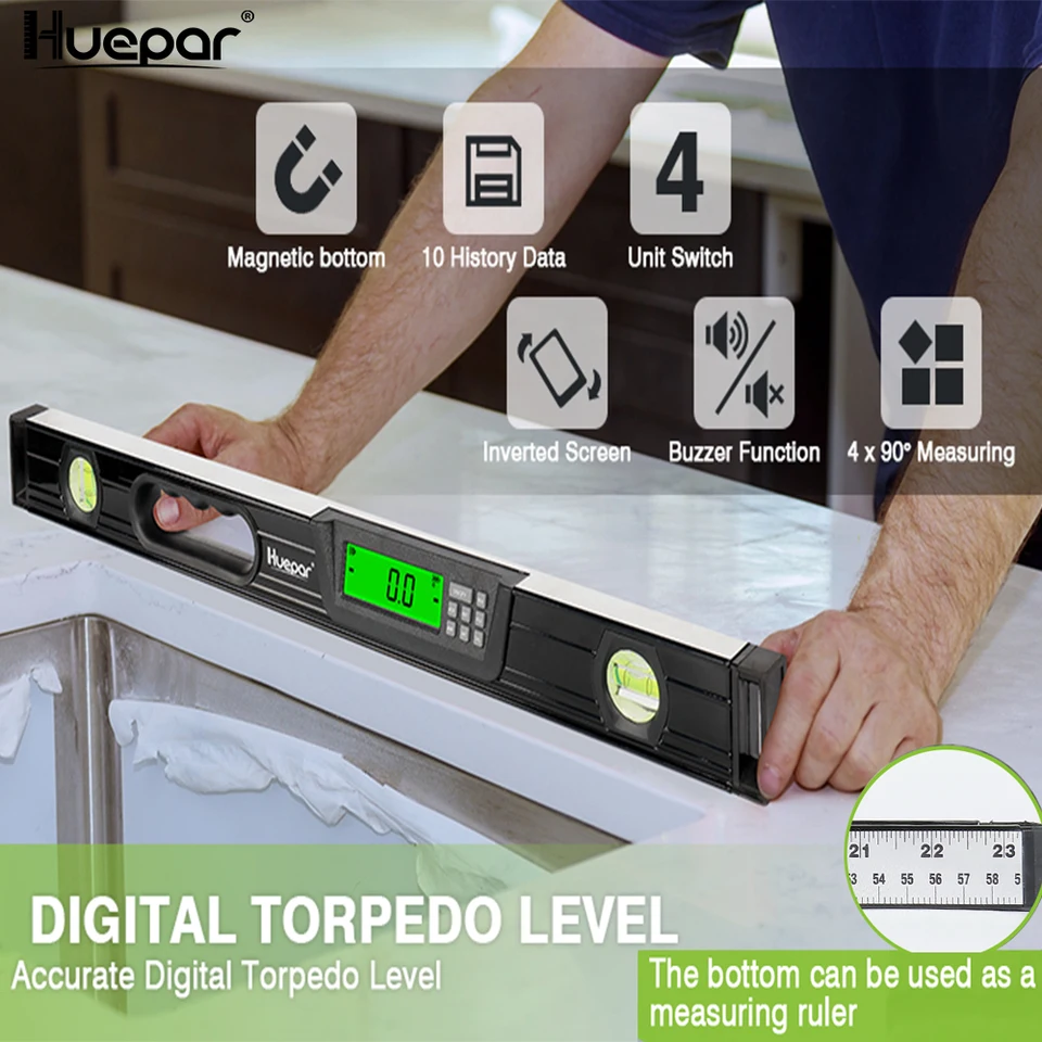 Huepar Digital Display Tar s magnetovým inklinometrom 610 mm Elektronický 360 ° uhlového uhla Finder s bublou okrajov magnetov