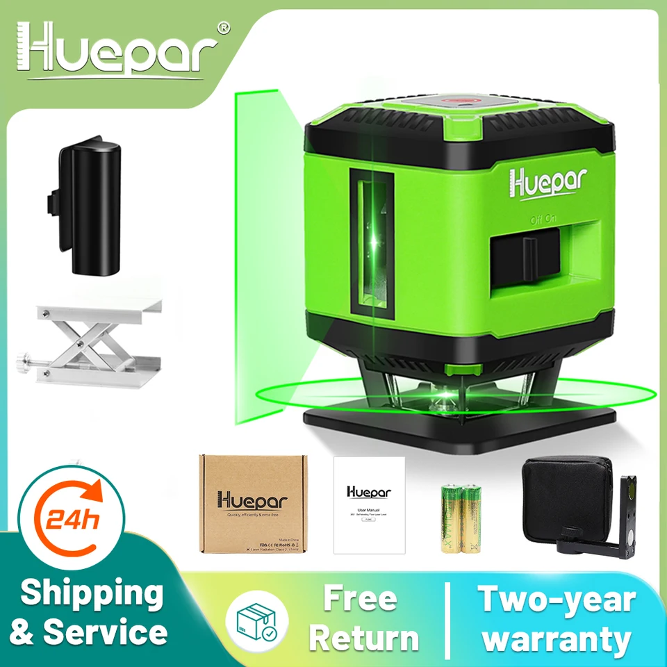 Huepar Floor Laser úrovne 5 Čiary Zelený lúč s li-iónovou prepínaním batérií a krížovými vedeniami kladenie štvorcovej dlaždice 360 ​​° vyrovnávací laser