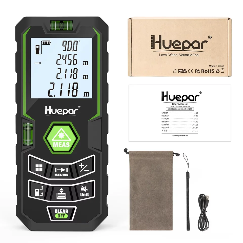 Huepar laserový merač vzdialenosti Elektrický uhlový objem Senzor objemu M/in/ft 100/120 m nálezca rozsahu miery s nabíjateľnou batériou