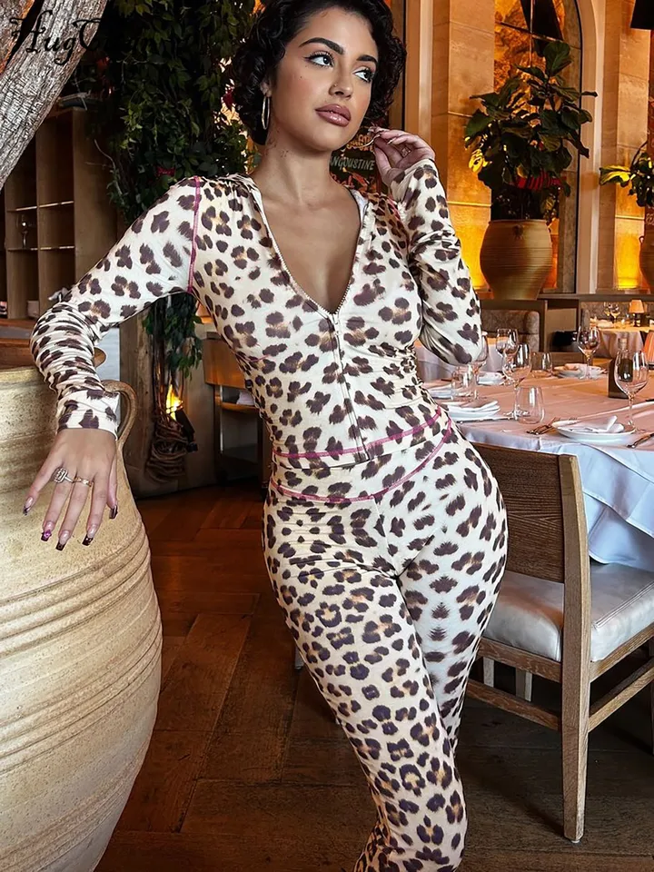 Hugcitar Fashion 2 PCS Sety tlač s dlhým rukávom s kapucňou zips sexy plodiny široké nohavice nohavice Fall Women Outfit Festival