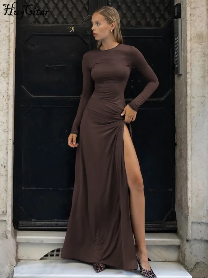Hugcitar Solid o krk s dlhým rukávom Ruched Sexy Bodycon Elegantné maxi prom šaty jesenné zimné ženy outfit k narodeninám festival