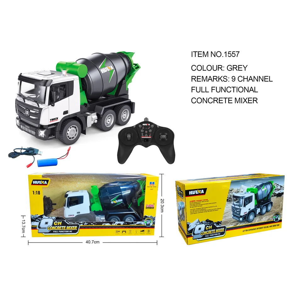 Huina 1/18 RC Concrete Car Read to Run Electric 1557 2,4 GHz 9CH Mixer Moxer Model Tractor Toy Detská darček TH20376