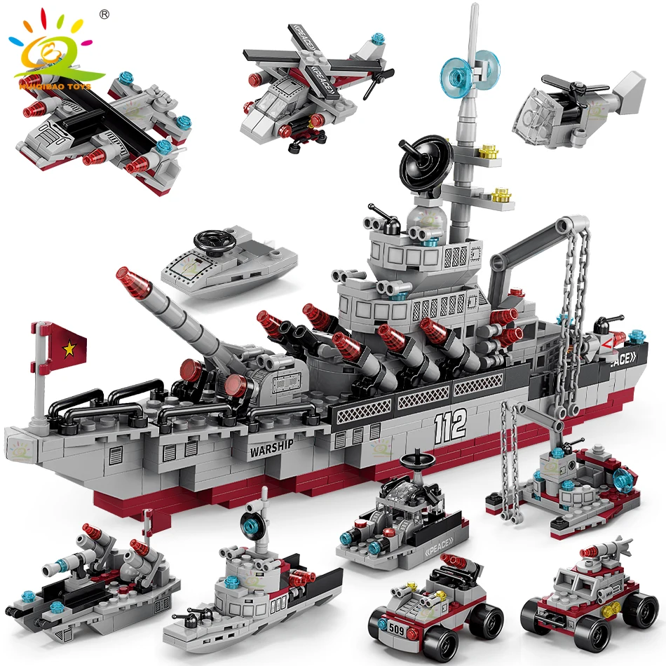 Huiqibao Vojenská loď 554ks 8in1 Aircraft Cruiser Building Blocks Warship Lietadlo Truck Truck Bricks City Hračky pre chlapca
