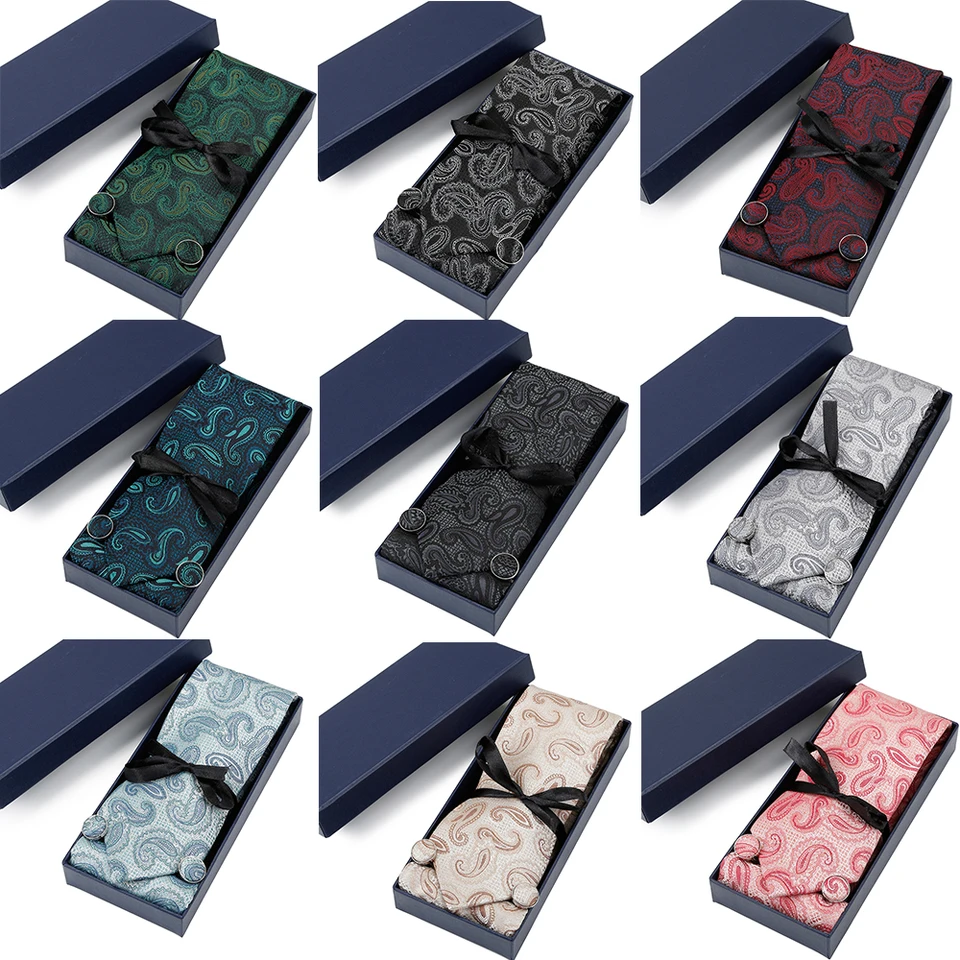 Huishi Muž vysokokvalitné kravaty súpravy modré Jacquard t kravaty Cufflinks vreckovky dlhé darčekové box