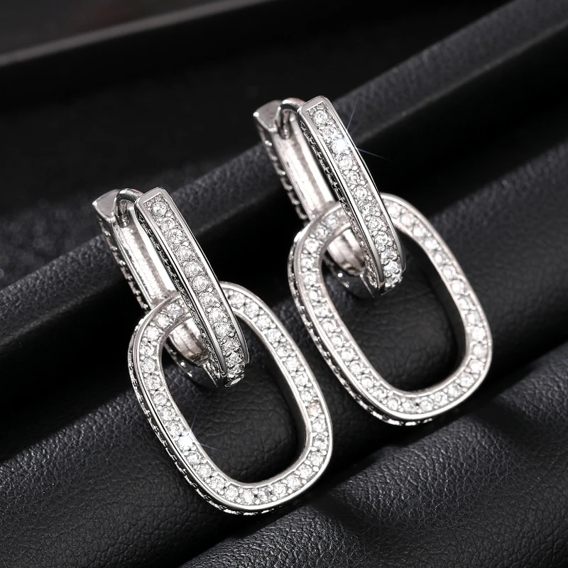 Huitan Geometric Oval Double Hoop Drop náušnice dáma Moderné módne šperky s jasnými zirkóniami trendy doplnky darček