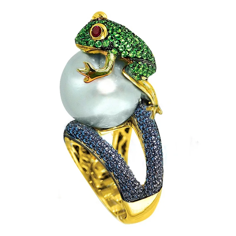 Huitan roztomilý zvierací prsteň skákacie žaba Fancy Rings Birthday Darček pre ženy hrubý povrch so simulovaným perlom prsteň