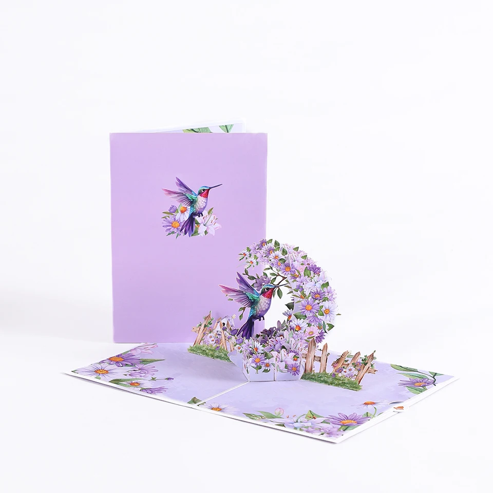 Hummingbird Crescent Tvar pozdravy Card Purple Daisy Vynikajúca vyskakovacia karta s obálkou Valentín