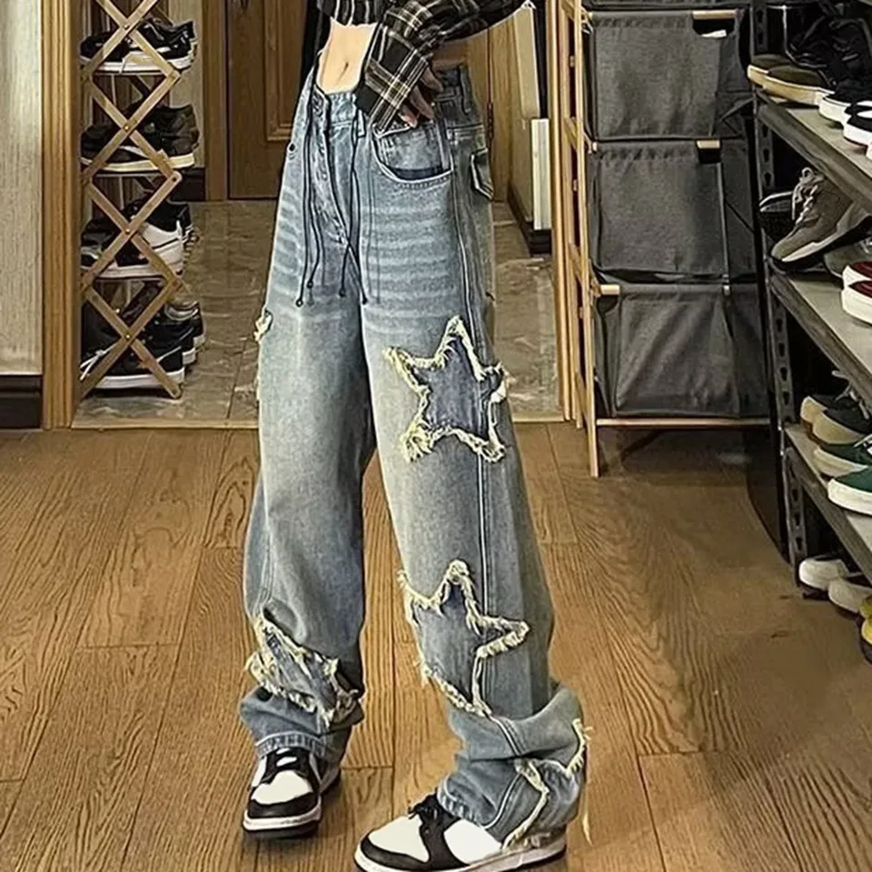 Hviezda y2k baggy široké nohy džínsy Ženy Vintage Streetwear Umyté džínsové nohavice grunge základné slouchy modré nohavice femme jesenné džínsy