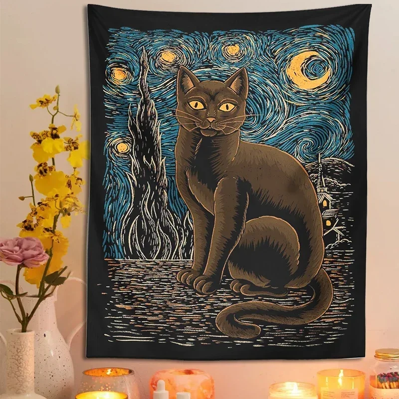 Hviezdna nočná mačka tapisérie stena zavesenie retro mačky tapisérie van gogh tajomné veštenie čarodejnícky čarodejnica čierna cool domáca izba dekor