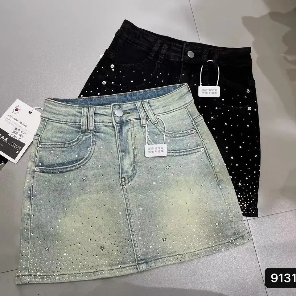 Hviezdne horúce kamienka džínsová sukňa pre ženy 2024 leto New Retro Slimming A-Line Denim sukňa