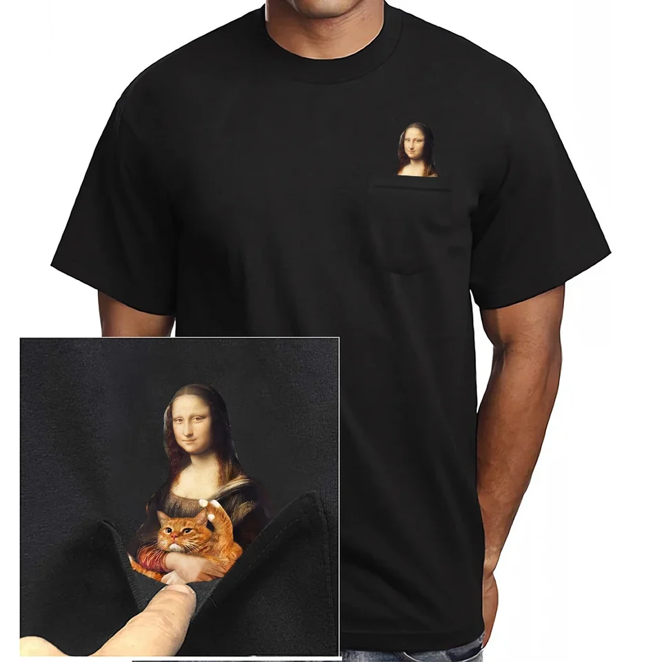 Hx Funny bavlnené tričká Mona Lisa s mačkami stredný prst Vytlačené vreckové tričko pánske oblečenie letné krátky rukáv Tops