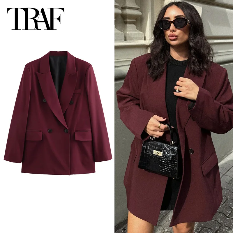 Hxao Dámsky sako v kancelárii Blazer Weans Women Burgundy Blazers outwears Autumn Dámsky oblek bunda červené s dlhým rukávom sako majer